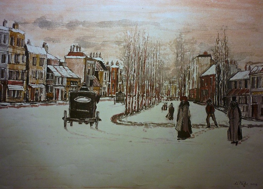 Victorian London with Snow and Hackney Carriage. watercolour.