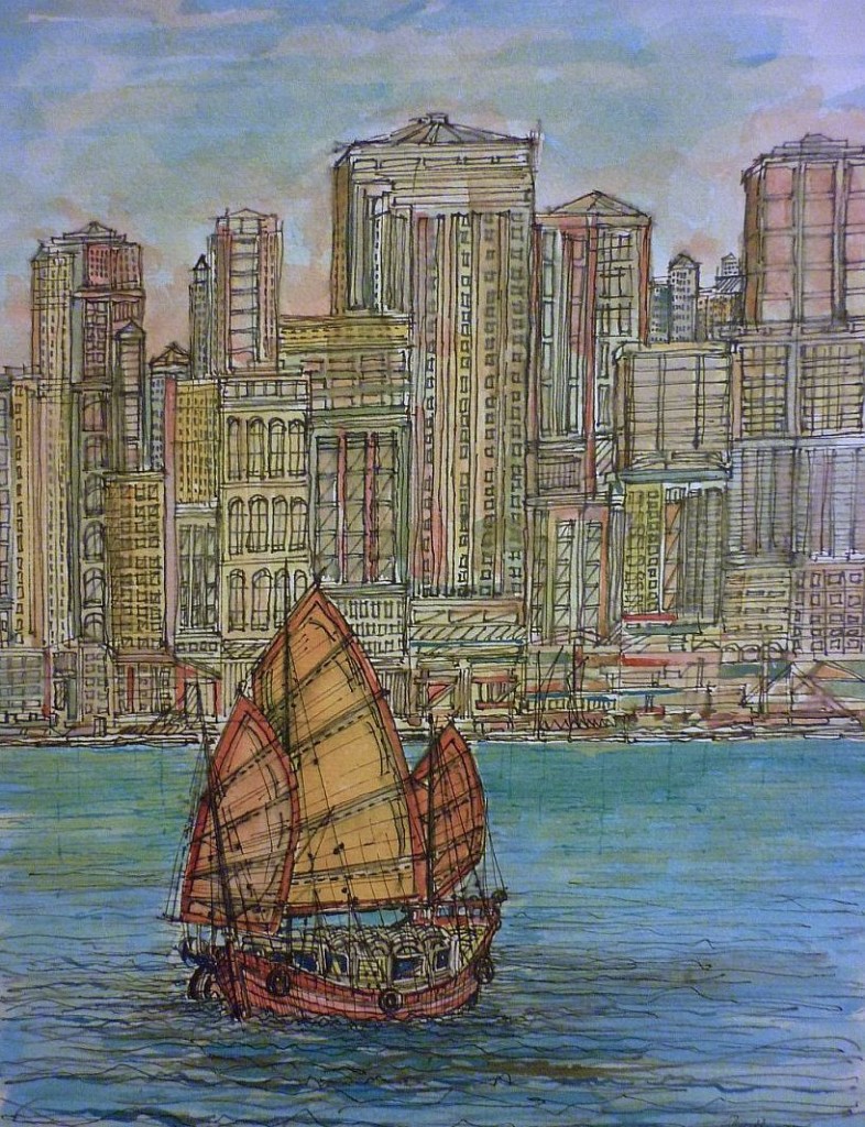 Hong Kong Cityscape from the Sea with Chinese Junk Boat.