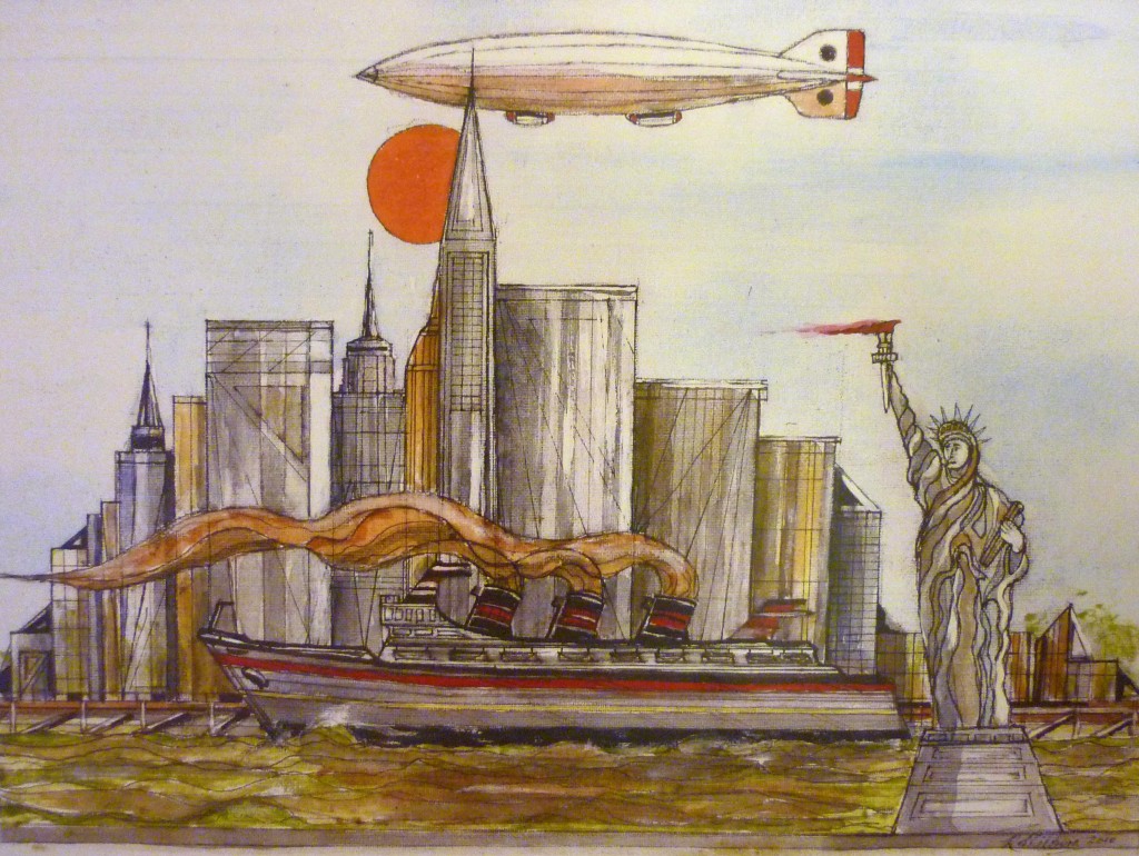 New York Cityscape with Statue of Liberty, Airship and Steam Ship. Pen and Watercolour.