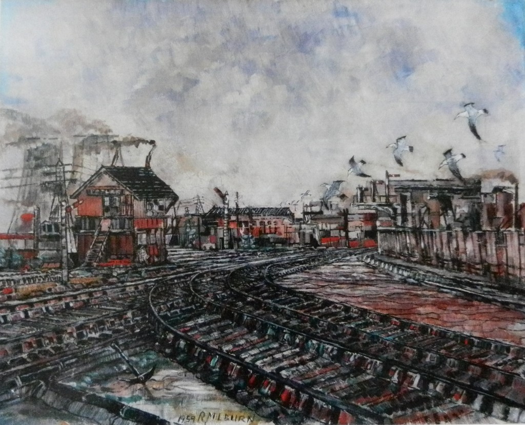Rail Tracks, signal box at Victoria Docks oil painting