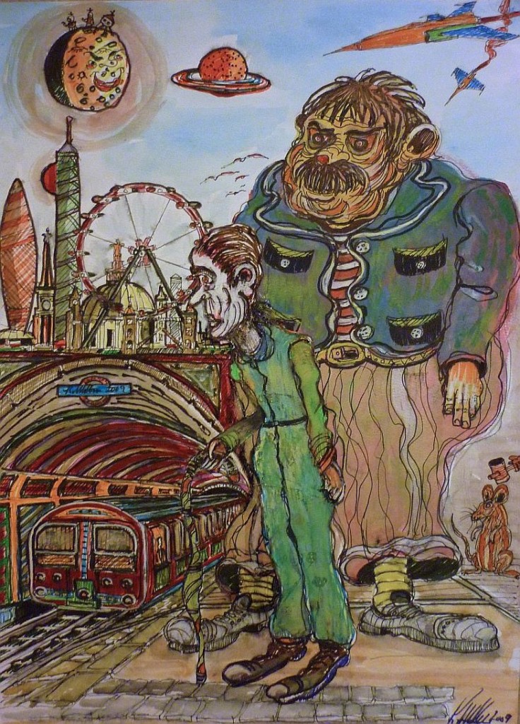 London Underground with Spaceship, Saturn Iconic London Landmarks painting
