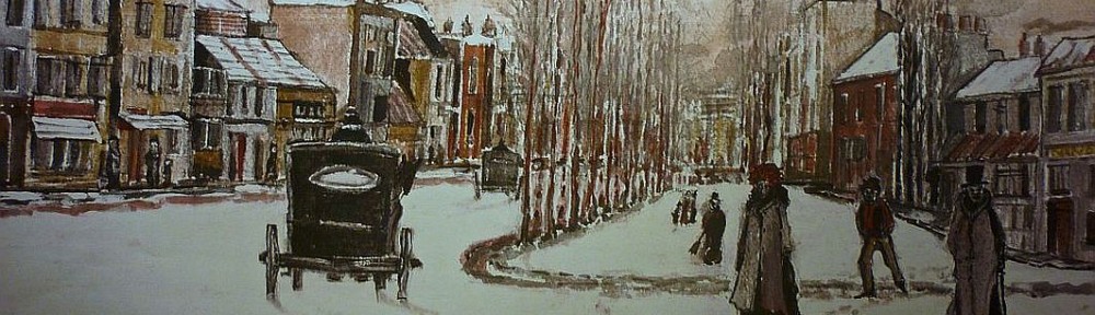 Victorian London with Snow and Hackney Carriage. watercolour.